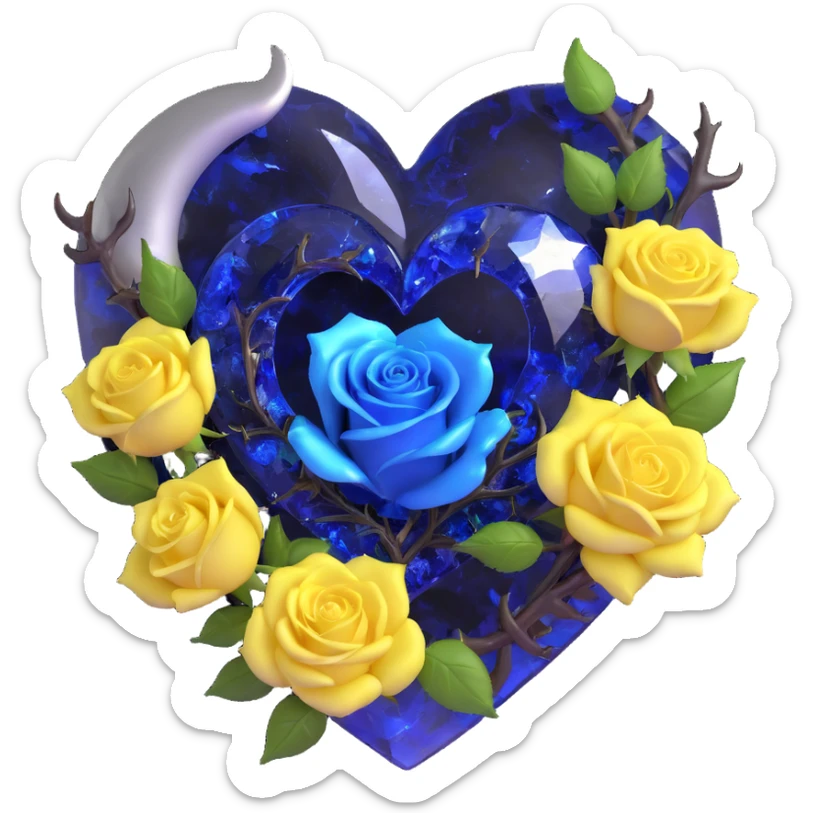 gothic heart made of smoky quartz glass, silver crescent moon, deep blue roses, holographic stardust, neon yellow lightning, wet and cracked glass sticker
