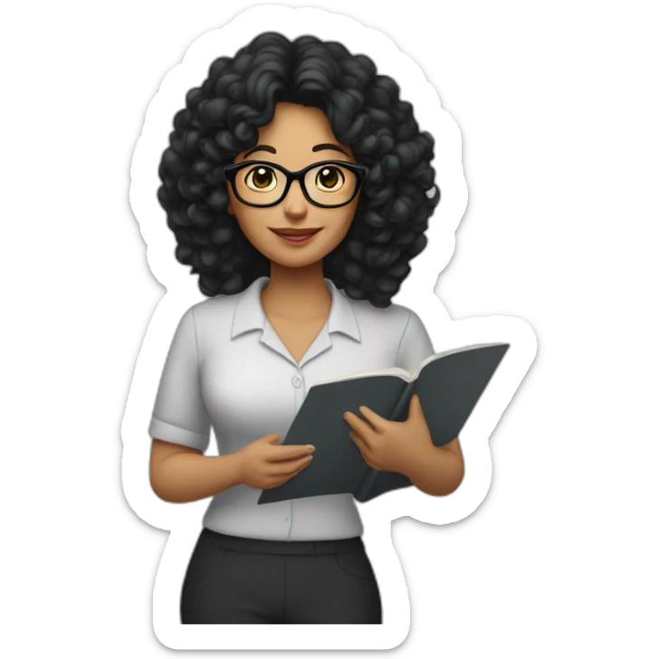 plump woman teacher in glasses with curly black hair holding large puzzles in her hands sticker
