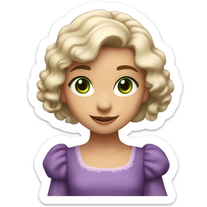 green eyes and a delicate face with a gentle smile. Her complexion is fair and radiant, and she wears a purple dress with puffed sleeves. Her expression is joyful, curious, and full of life, radiating softness and innocence. sticker