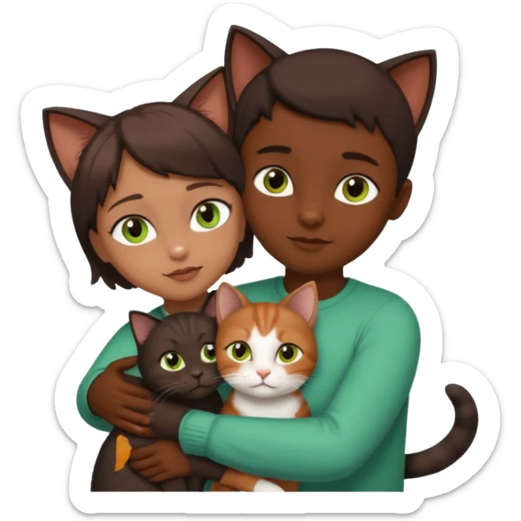 Crea un emoji donde salga un chico moreno con los ojos claros, una chica morena con los ojos marrones y SOLO UN gato europeo comun de pelaje oscuro y ojos verde claro, quiero que se esten abrazando y el gato este en el medio del chico y la chica sticker