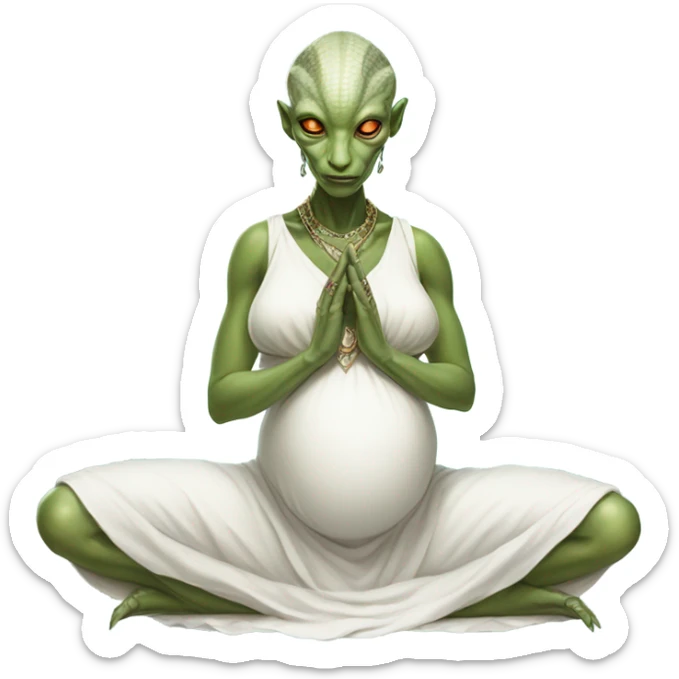 a Reptilian alien woman, pregnant, in meditation, white dress like a priestess sticker