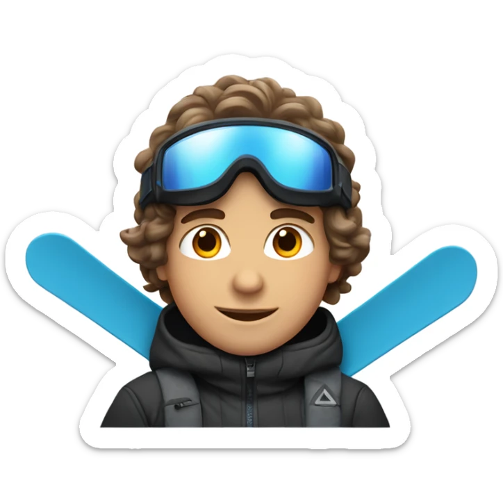 1 white Boy with wavy brown hair skiing with blue skis. He is wearing all black snow pants and a gray jacket   sticker