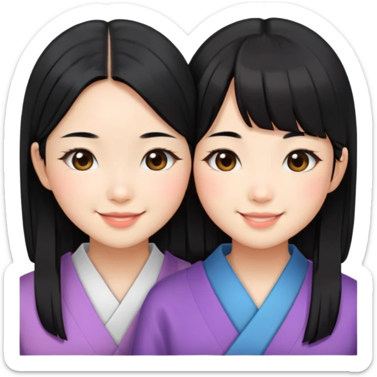 Two cute Japanese girls with straight black hair and East Asian features, faces pressed together cheek to cheek, smiling happily sticker
