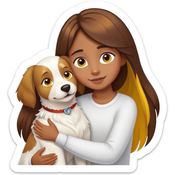 A girl with long brown hair with yellow highlights, big eyes and slightly dark skin happily hugs a white dog tightly sticker