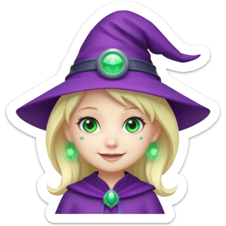 Make a blonde girl with green glowing headset on with teal eyes and a purple haired girl with green eyes waering a purple wit hes hat haveing fun , make them a chibi emoji page sticker
