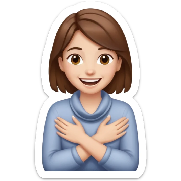Girl with brown hair hands crossed around neck laughing  sticker