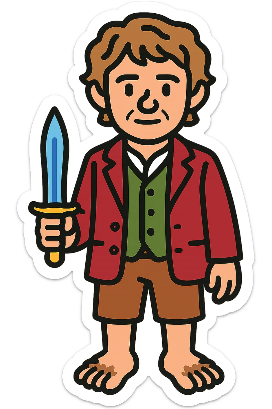 Whole body image of bilbo baggins from the hobbit movie in pixel art style. Bilbo is younger. Make Bilbo look like the actor that portrayed him in the movie, Martin Freeman. Bilbo is wearing the same red jacket, green vest, white undershirt, brown leather short pants, and hairy hobbit feet. He is holding a short sword that is glowing with a blue hue.  sticker