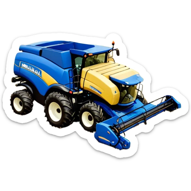 New Holland Roll-Belt 560 (2018) – Cinematic-realistic New Holland Roll-Belt 560 baler, its blue body steadily compressing golden hay into tight, round bales. The rhythmic motion of the machine continues as dust swirls in the afternoon heat, with rows of freshly cut grass stretching toward the horizon. sticker