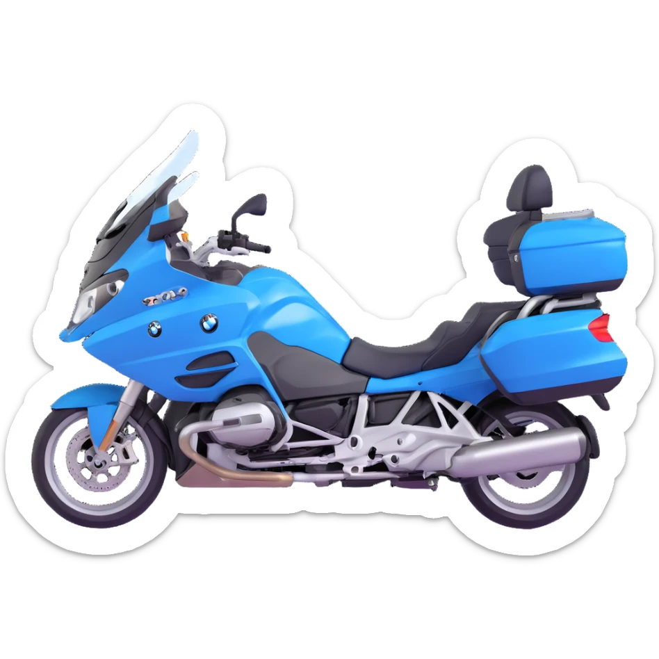 blue BMW R 1200 RT touring motorcycle with rider and saddlebags sticker