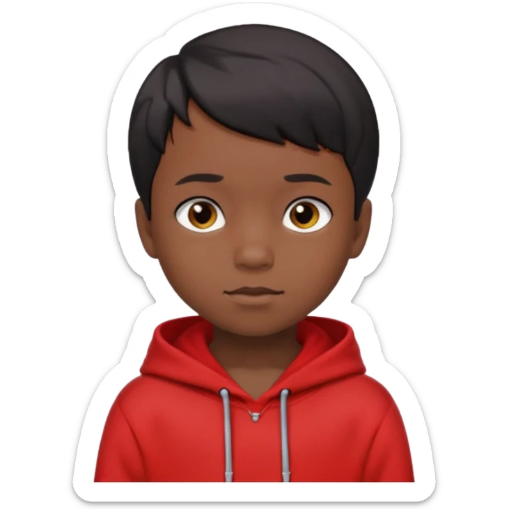 niño de 7 años, con pelo y piel negra. sudadera roja, pelo muy corto  sticker