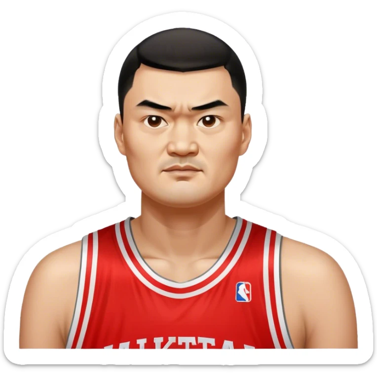 Yao Ming – Cinematic Realistic Portrait of Yao Ming, depicted as a towering basketball icon in a modern uniform, with a gentle yet determined expression and dynamic arena lighting that highlights his immense stature and graceful athleticism. sticker