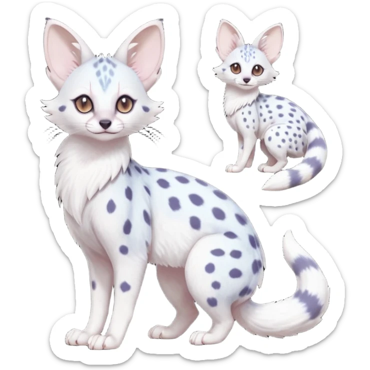 White Albino frosty snow-white whitish pastel-grey-spotted Serval-Civet-Genet-Trico-Furret-Linoone-Noibat-Espeon-Fakémon-Pokémon-animal-hybrid-fusion-creature (full body) with vibrant glowing eyes, cute, elegant, soft, realistic, pastel fur sticker