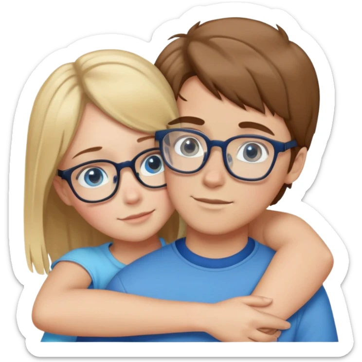 Boy with brown hair and glasses hug girl with blonde hair and blue eyes sticker