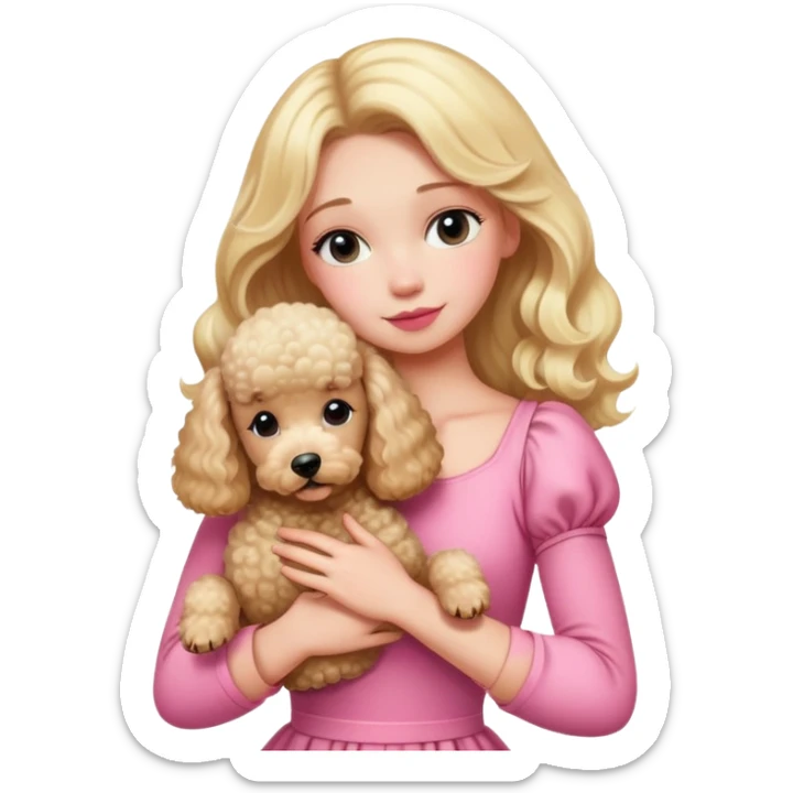 Blonde girl wearing pink dress hugging her a poodle sticker