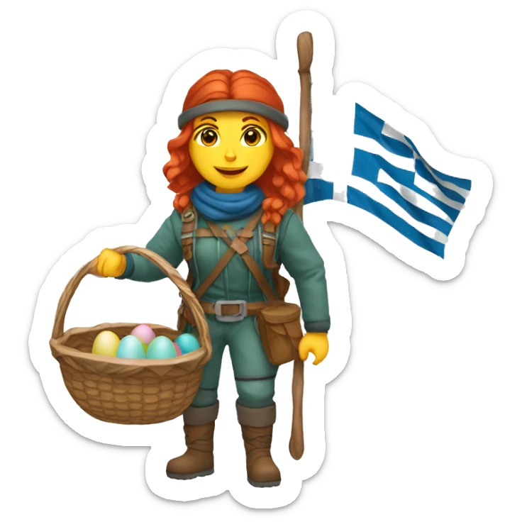 red hair female winter mountaineer with Greek flag and easter basket sticker