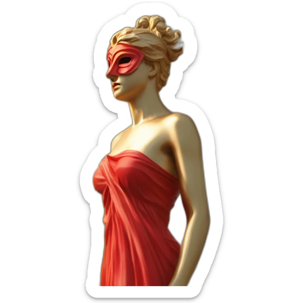 distant view of an abstract renaissance color sculpture of a female figure with a red mask on her face standing on a golden greek ancient style column, 4K resolution sticker