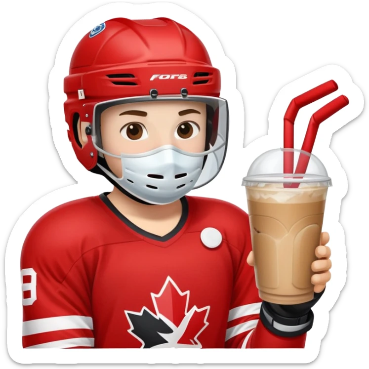 hockey player wearing red drinking an iced coffee wearing a helmet with face mask  sticker