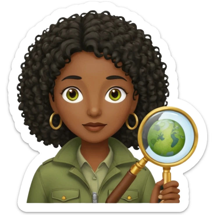 dark skin curly black haired middle-aged woman in moss green explorer outfit, holding magnifying glass sticker