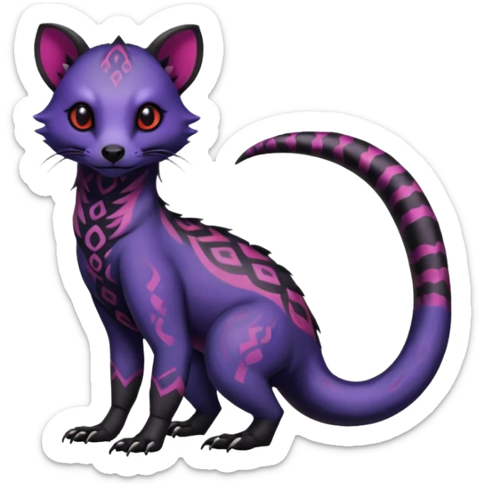 Rare warm-colored exotic gloomy tropical edgy cute epic aesthetic spooky indigo violet purple black red gothic colorful Salandit-Civet-species-Fakemon-hybrid-creature, with tribal tattoo markings, full body sticker