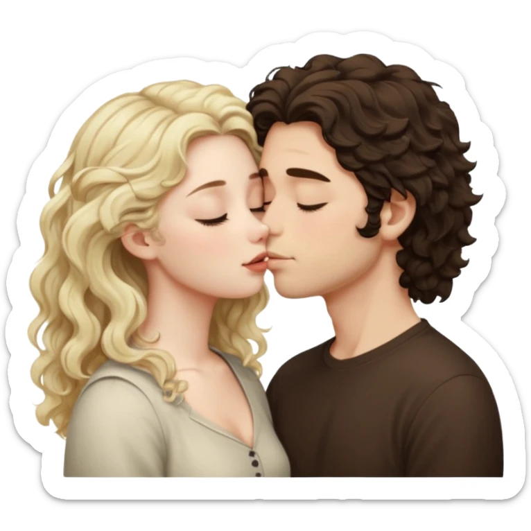 Tall White Italian boy with dark brown wavy fluffy hair and blonde wavy hair girl that's pale with wavy hair kissing with eyes closed  sticker