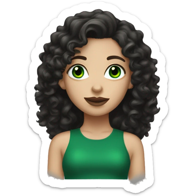 white girl with very green eyes and black long curly hair, and earrings, and green top, and mascara and lipstick sticker