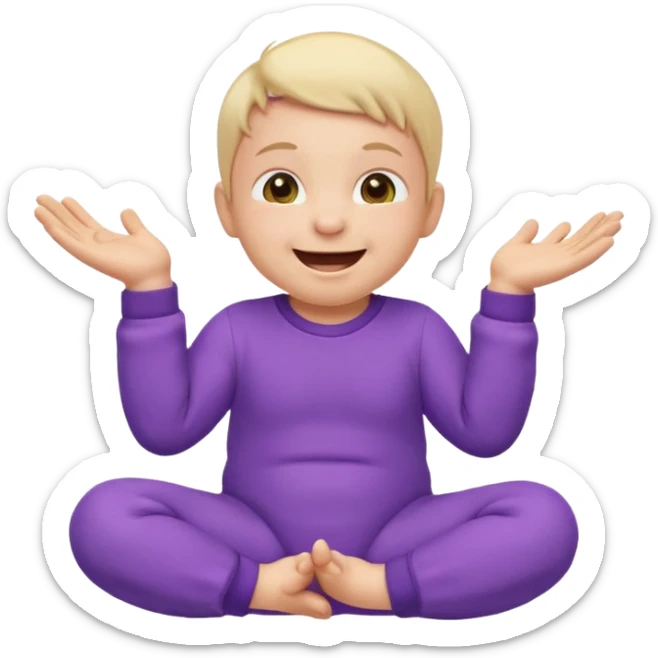 Apple-style emoji of a baby wearing a purple onesie, sitting and laughing joyfully, with hands down. sticker