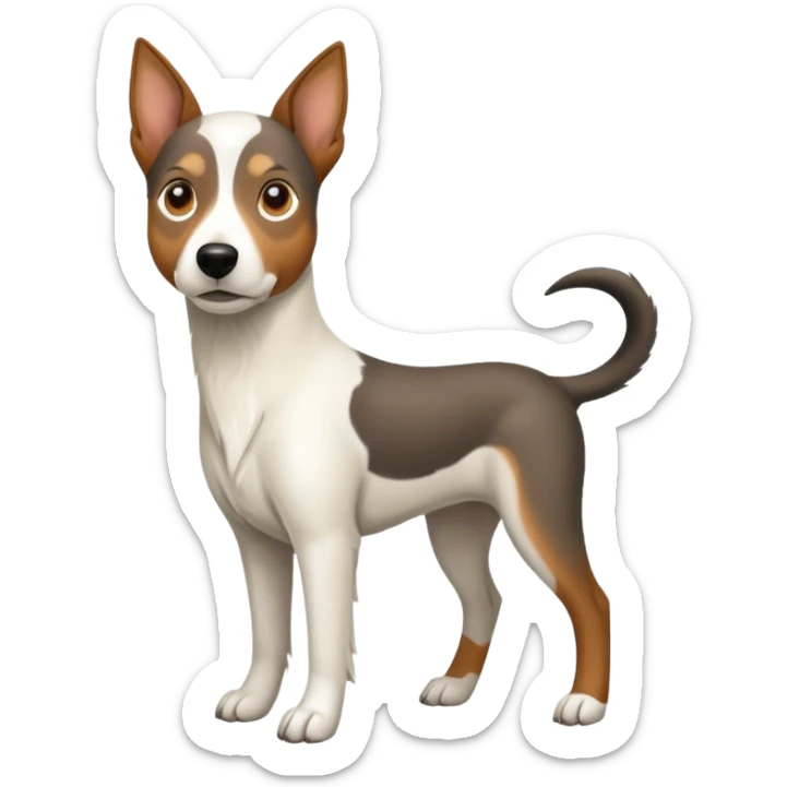 a full body large white floppy eared parson russell looking dog the size of a kelpie with light brown ears and a light brown patch on one eye and a large snout sticker