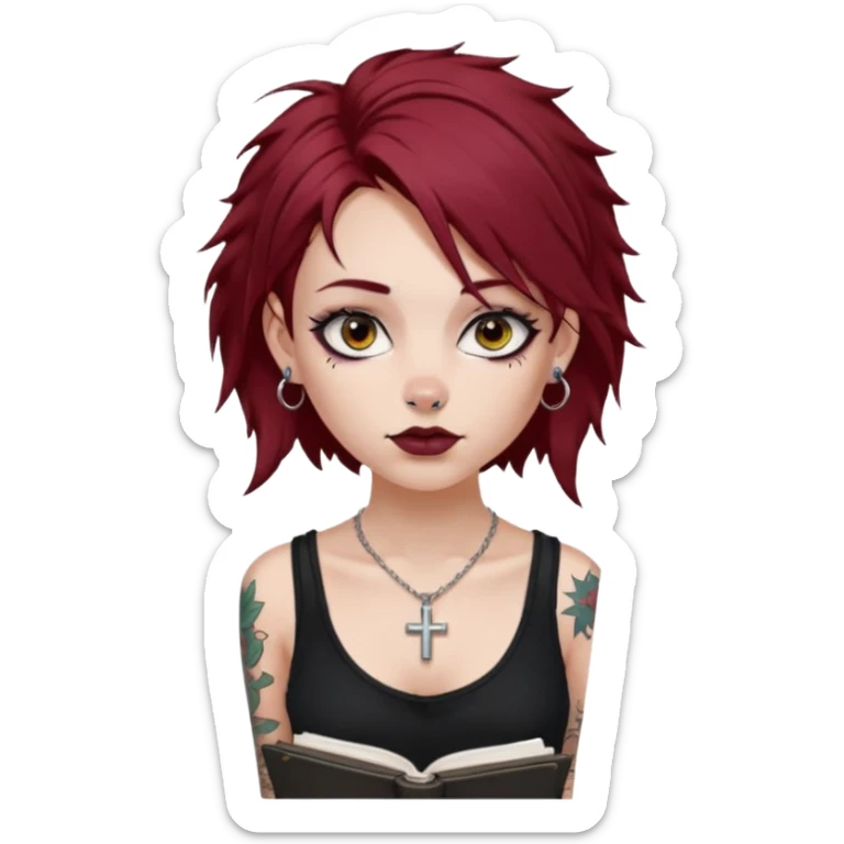 generate an ios genmoji of a girl with dark red messy hair with eyeliner on her eyes.  septum piercing, wearing a cami black top, has tattoos, on shoulders. ear piercings. wearing a cross silver necklace. Holding an overfilled sketchbook sticker