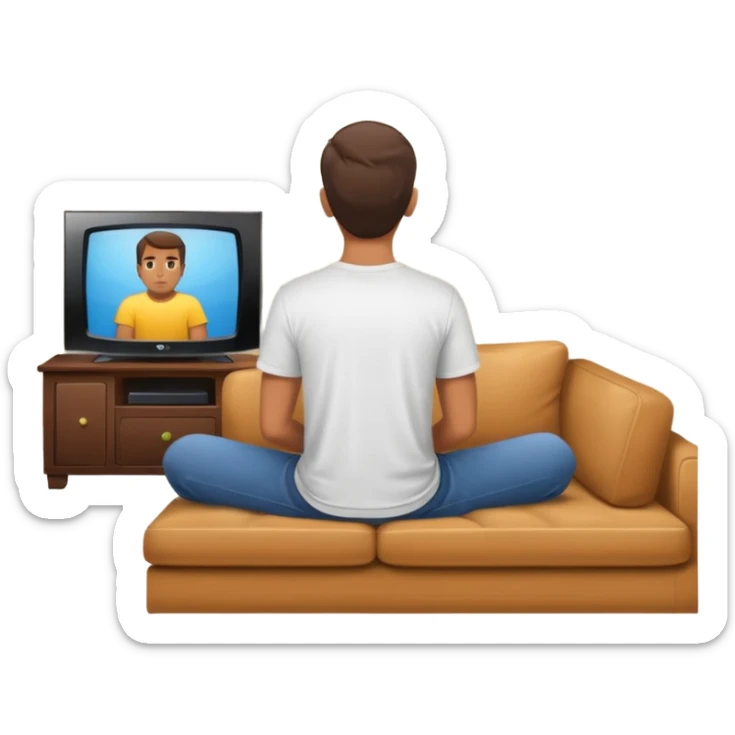 A man photographed from behind, sitting on a sofa and watching the news on TV. The setting is a living room. sticker