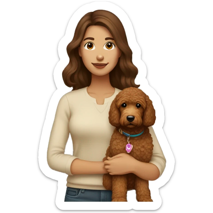 woman with straight brown hair holding a brown mini golden doodle sticker