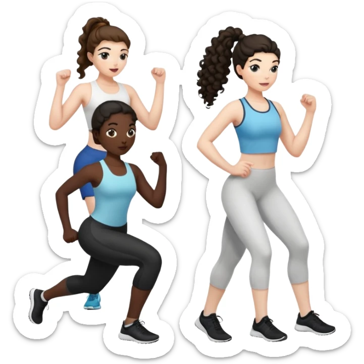 3 women exercising. The woman on the left has pale white skin and curly brown hair in a ponytail. The woman in the middle has black skin and curly black hair. The woman on the right has pale white skin and straight, brown hair in a ponytail. sticker