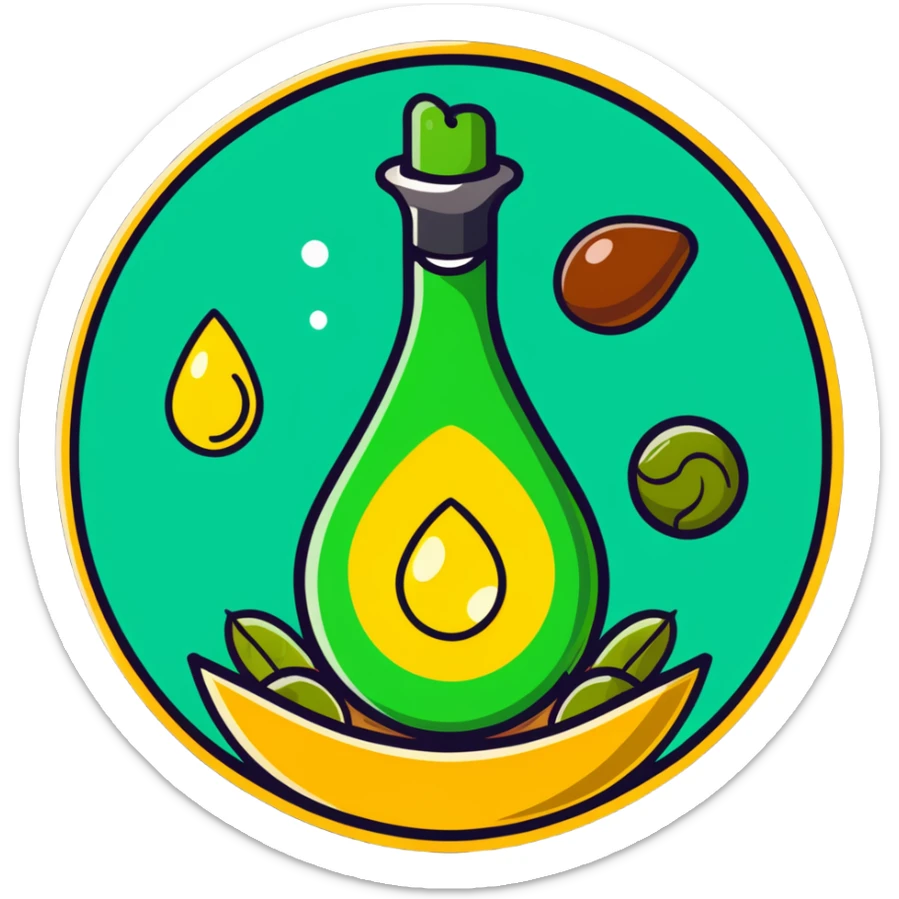 Floating aura in the shape of a golden and jade green drop, with bright icons of avocado, nuts, olive oil and ethereal fish spinning in a circle, surrounding a warm heart and illuminated brain, wrapped in a soft glow of protection and stable energy sticker