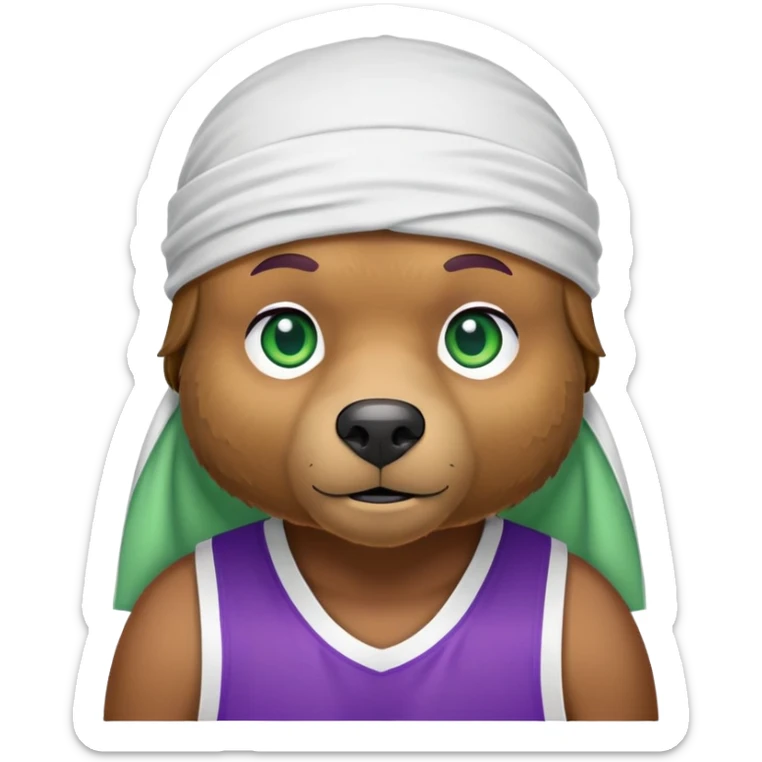 Stylish brown bear with green eyes wearing a white durag and purple and gold basketball jersey visible only to the shoulders, iOS emoji style sticker