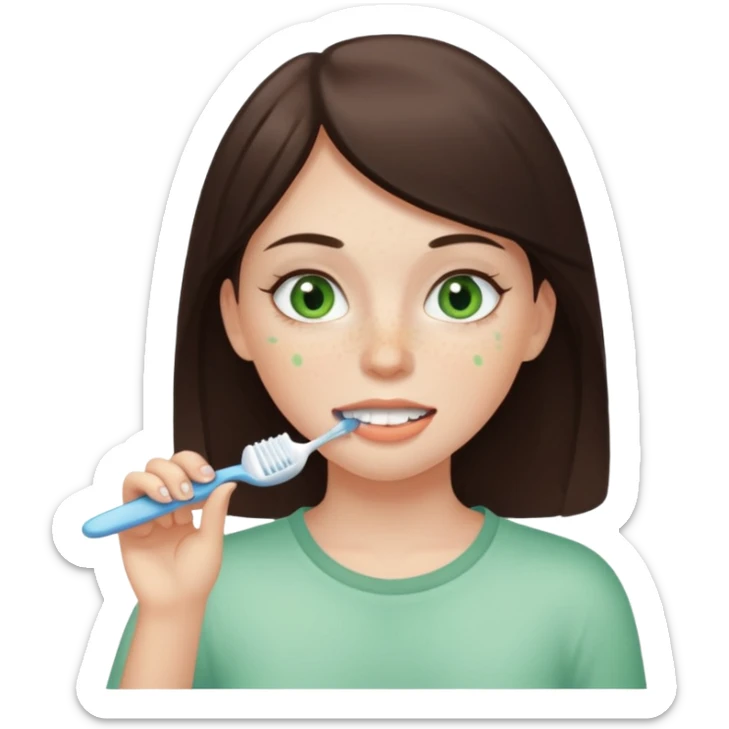 a white brunette girl with green eyes and freckles getting ready in the morning sticker