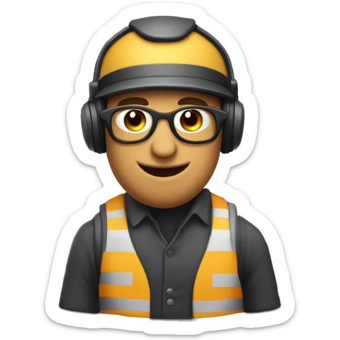 Quiero un emogi empresarial con un casco y lentes de seguridad con tapones auditivos, que dea color de piel claro sticker