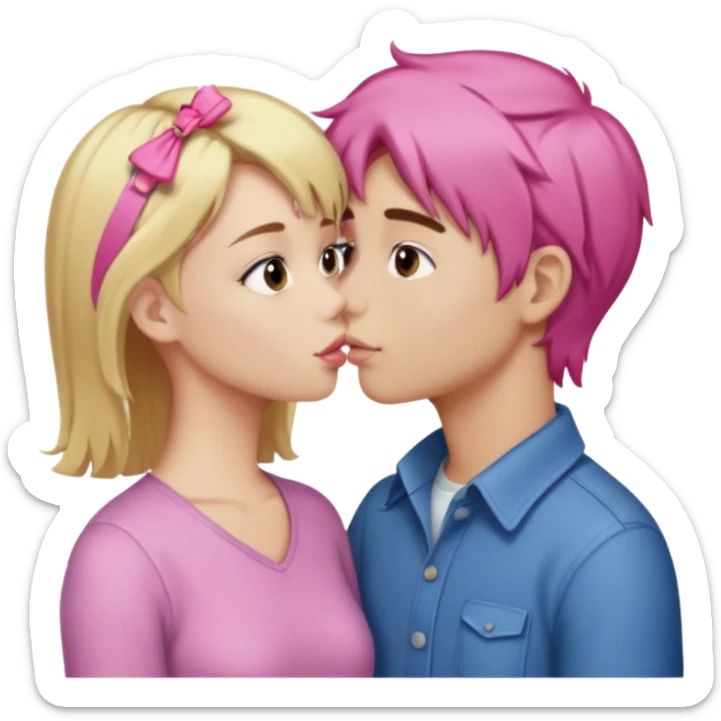Blonde girl with a pink hair clip kissing a brown haired boy  sticker