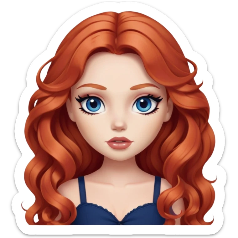  long wavy red hair, pale skin, dark blue eyes, pretty bratz baddie, black eyeliner, blush sticker