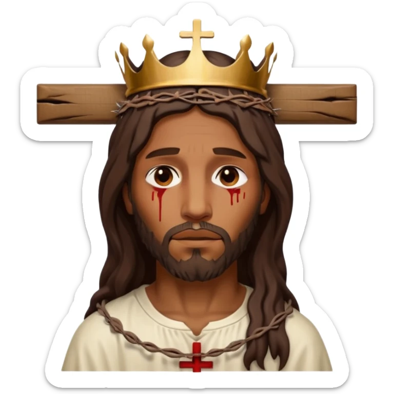 African American Jesus Christ bleeding hanging on wooden cross with crown of thorns on his head sticker