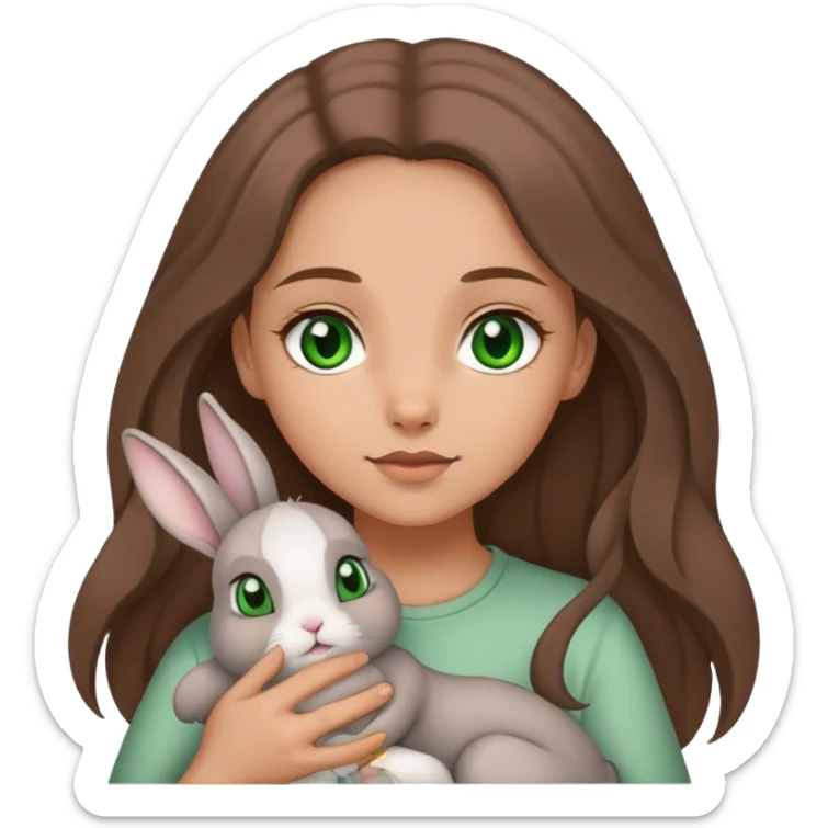Long brown haired, green eyed girl holding a gray bunny. The bunny has floppy ears. sticker