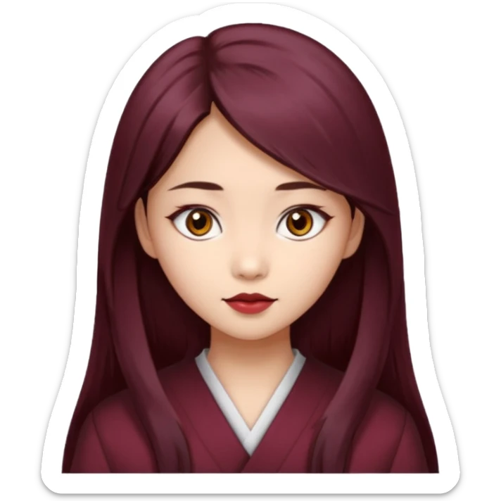 asian girl, long dark burgundy brown hair, hazel brown eyes, half lidded eyes, wolfcut hairstyle sticker