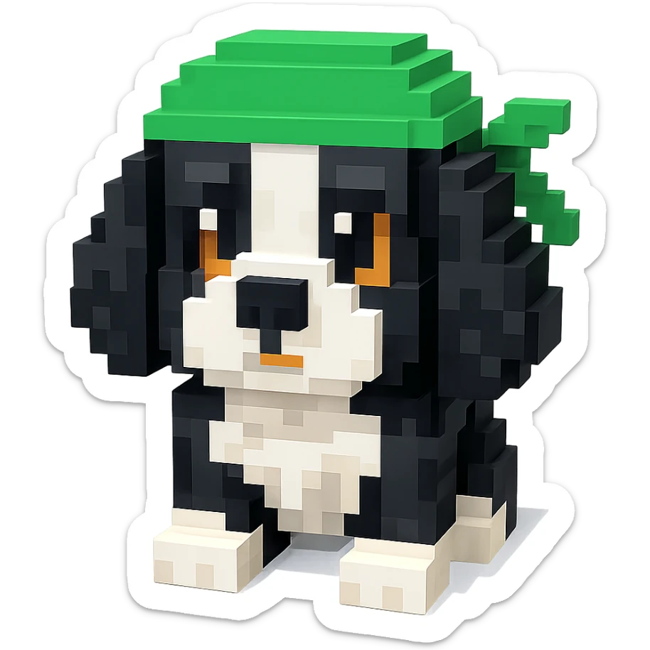 A black and white Russian Cocker Spaniel puppy wearing a green durag, facing forward sticker