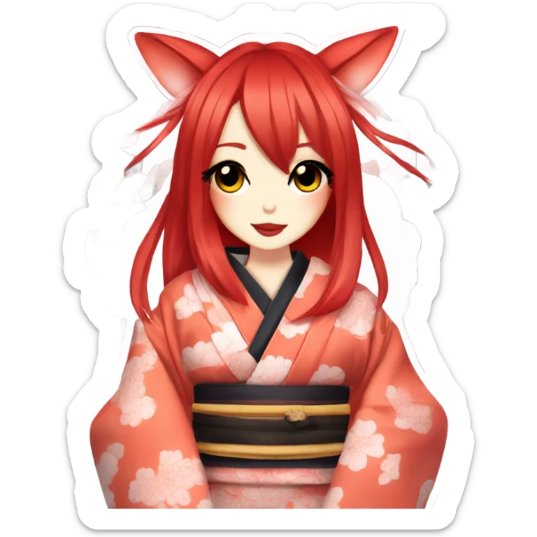 hime gyaru girl, kimono, red hair, kitsune mask sticker