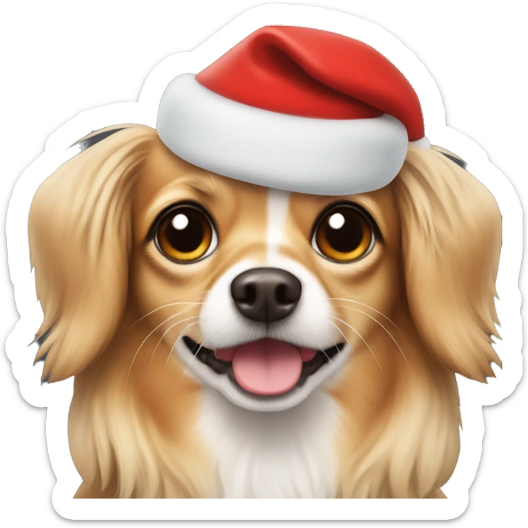 A dog that is a mix between a long haired chihuahua and a dachshund wearing a Santa hat sticker
