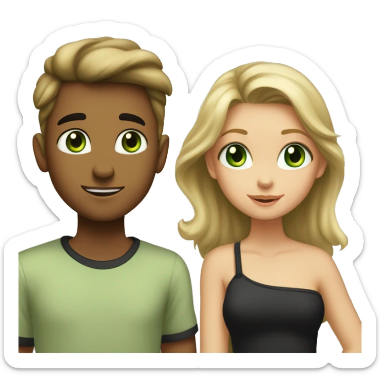 boy and girl with dirty-blond hair and light green eyes. Boy is wearing light khaki t shirt. Girl is wearing off shoulders black top. They are looking at each other lovingly. Boy is taller than girl. sticker
