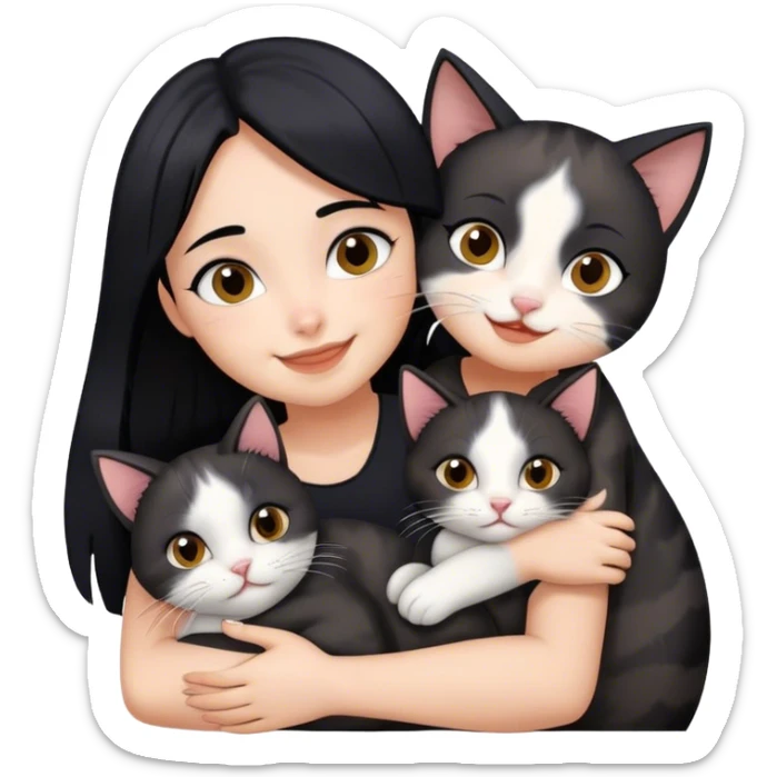 happy girl with black hair hugging three cats  (black calico cat, gray cat, brown calico cat) sticker