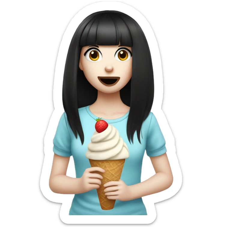 Portrait cute Girl pale skin with long black  bangs eating icecream  sticker