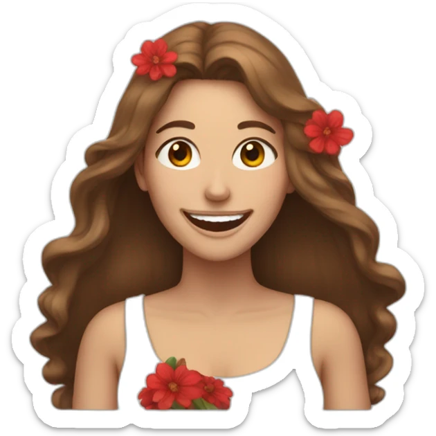 Woman with long brown hair and a red flowers in her hair laughing sticker