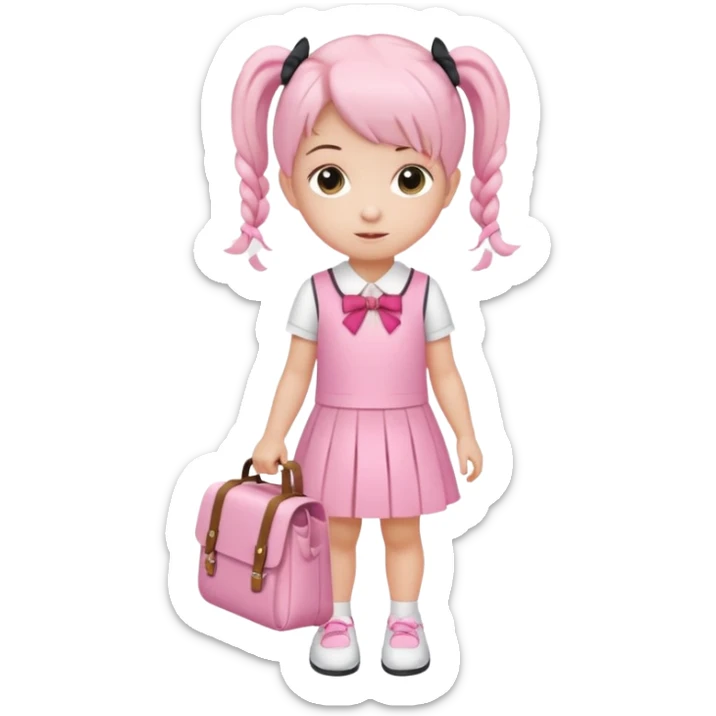 small girl wearing pink student uniform, white dress, white shoes and a bow on her pigtail hair, holding school bag sticker