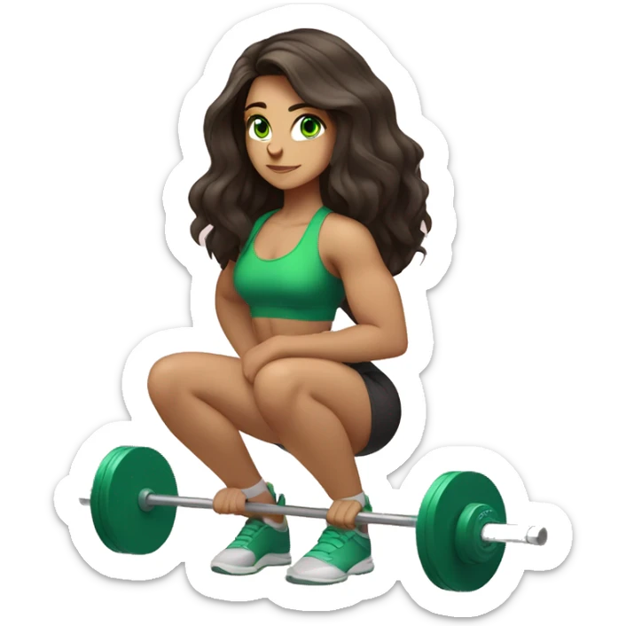 girl with long dark brown hair and green eyes squatting with a barbell sticker