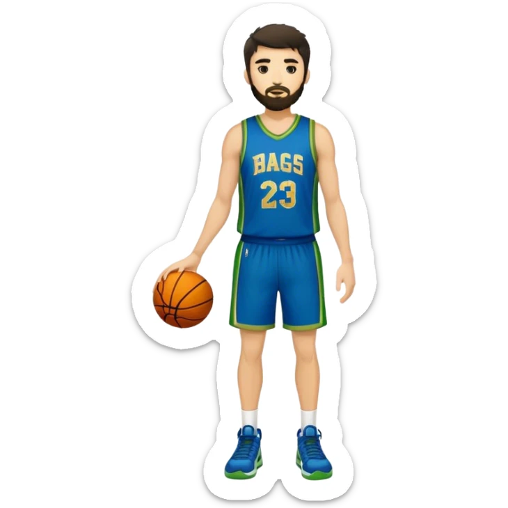Full Body  white male basketball player with short shaggy dark hair and gold tee beard wearing blue and green uniform sticker